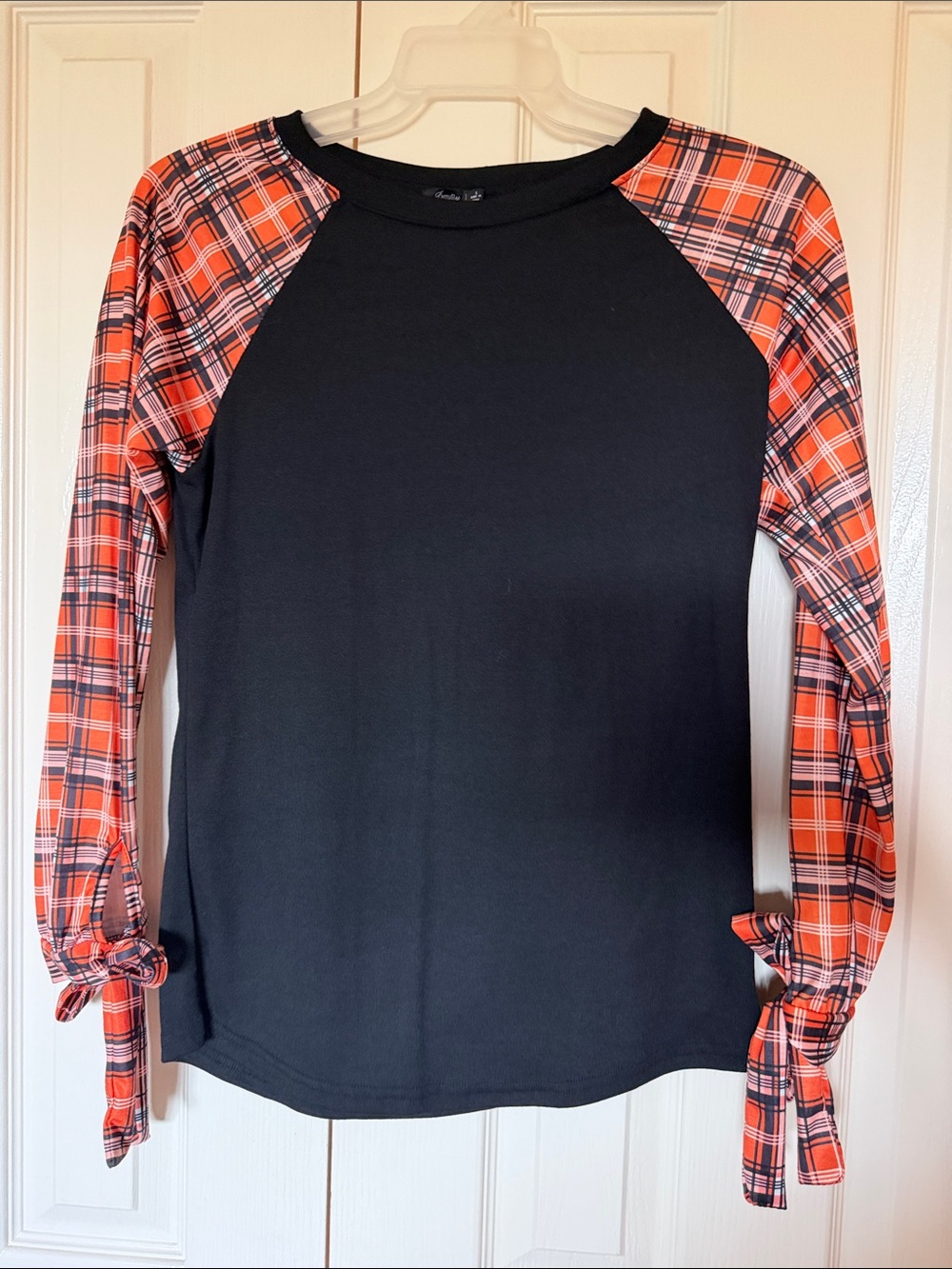 Black Raglan Long Sleeve Top with Orange Plaid Sleeves